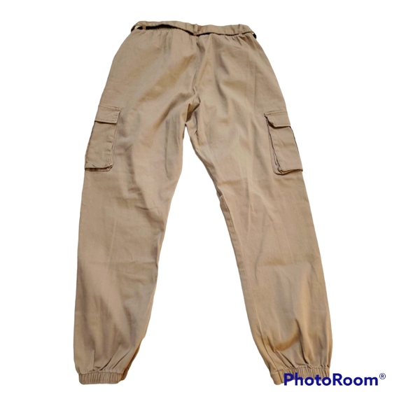 Tan high rise elasticized waist slash pockets cargo pockets cotton joggers - Picture 5 of 10